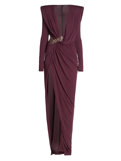 Zuhair Murad Jersey Deep V-neck Embroidered Gown In Potent Purple