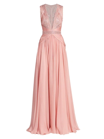 Zuhair Murad Beaded Chiffon Plunging V-neck Gown In Rose Tan