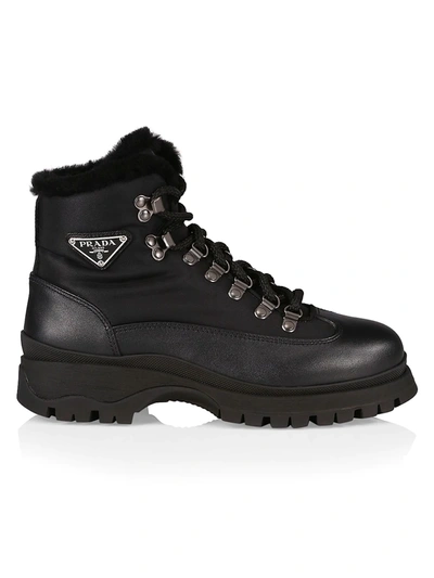 Prada Women's Brixxen 38 Shearling-lined Leather & Nylon Hiking Boots In Nero