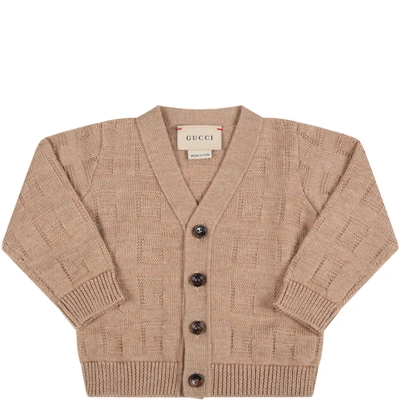 Gucci Brown Cardigan For Baby Kids With Logo In Beige