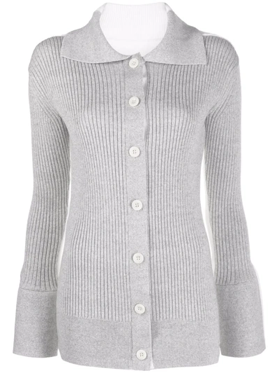 Sacai Ribbed-knit Button-fastening Cardigan In Grey