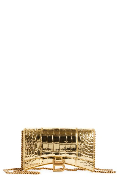 Balenciaga Hourglass Croc Embossed Leather Wallet On A Chain In Gold