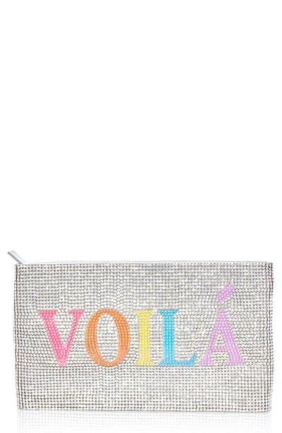 Judith Leiber Voila Crystal Embellished Pouch In Silver Rhine Multi