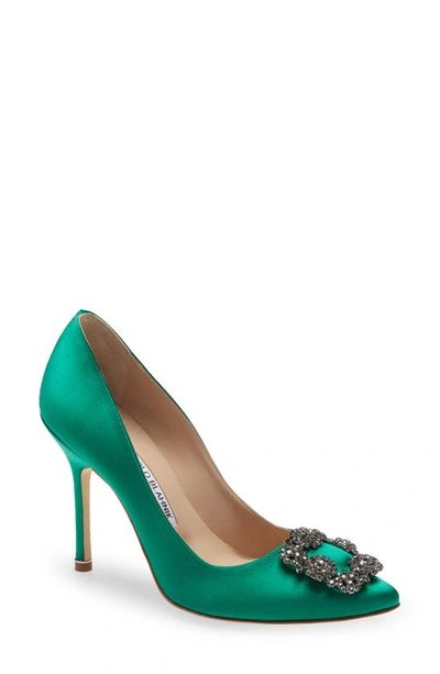 Manolo Blahnik Hangisi Crystal Buckle Pump In Green