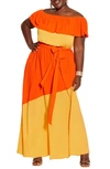 City Chic Colorburst Off The Shoulder Maxi Dress In Mandarin Splice