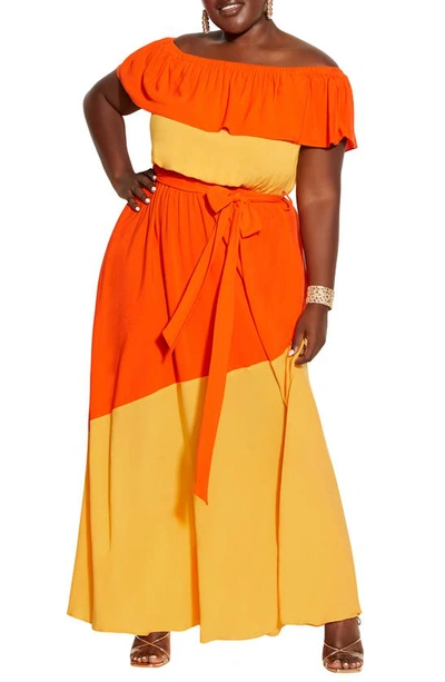 City Chic Colorburst Off The Shoulder Maxi Dress In Mandarin Splice