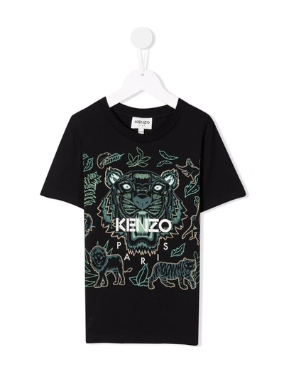 Kenzo Kids' Black Cotton T-shirt With Tiger Print