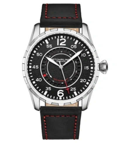 Stuhrling Men's Quartz Black Genuine Leather With Red Contrast Stitching Strap Watch 44mm