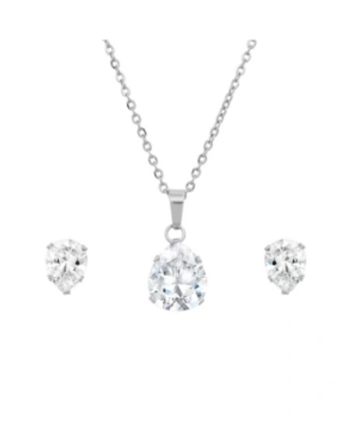 Steeltime Stainless Steel Pear Shaped Pendant Necklace Set, 2 Piece In Silver-plated