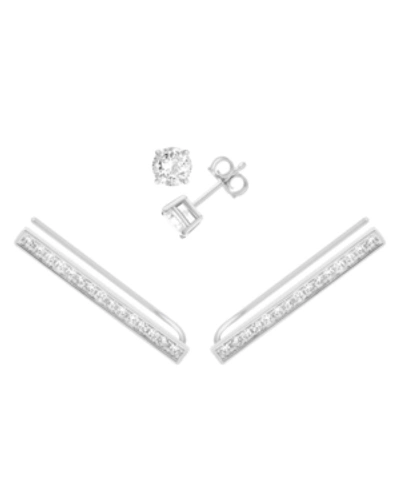 Essentials And Now This Cubic Zirconia Stud & Pave Bar Climber Earring In Silver Plate