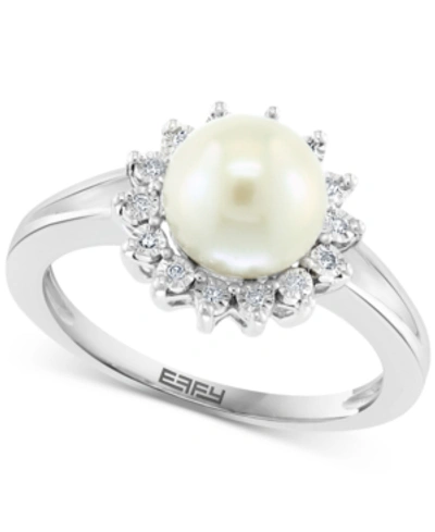 Effy Collection Effy Cultured Freshwater Pearl (7mm) & Diamond (1/20 Ct. T.w.) Halo Ring In Sterling Silver