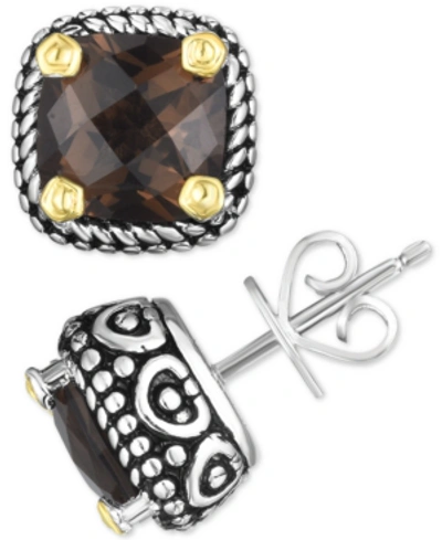 Macy's Smoky Quartz Two-tone Stud Earrings (4 Ct. T.w.) In Sterling Silver & 14k Gold