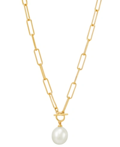 Macy's Cultured Freshwater Pearl (11 X 9mm) Paperclip Link 17" Pendant Necklace In Gold Over Silver