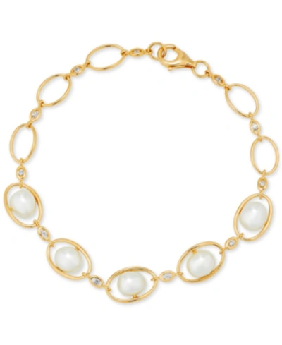 Macy's Cultured Freshwater Pearl (7-7-1/2mm) & White Topaz (1/5 Ct. T.w.) Oval Link Bracelet In 14k Gold-pl In Gold Over Silver