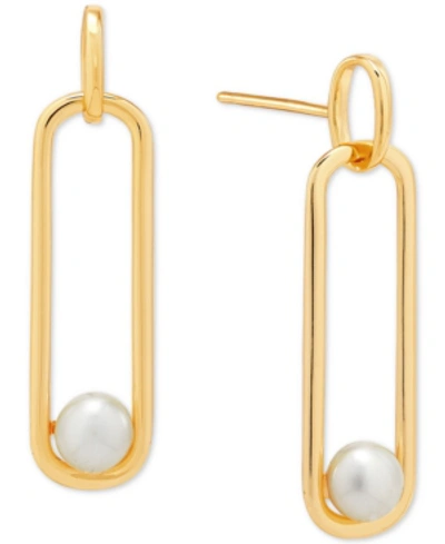 Macy's Cultured Freshwater Button Pearl (5mm) Paperclip Drop Earrings In Sterling Silver Or 14k Yellow Gold In Gold Over Silver