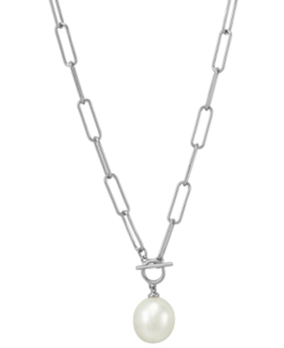 Macy's Cultured Freshwater Pearl (11 X 9mm) Paperclip Link 17" Pendant Necklace In Silver