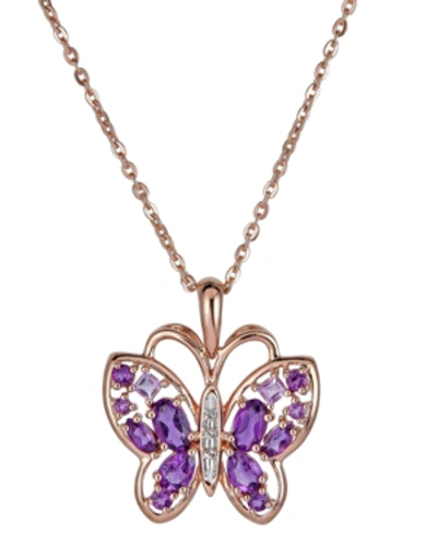Macy's Amethyst (1 Ct. T.w.) & White Topaz Accent Butterfly Pendant Necklace In 14k Rose Gold-plated Sterli In Purple