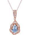 Macy's Aquamarine (1/2 Ct. T.w.) & Diamond (1/10 Ct. T.w.) Teardrop 18" Pendant Necklace In 14k Rose Gold-p In Aquamarine