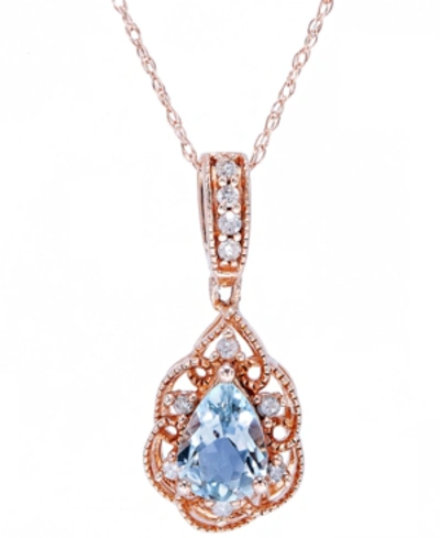 Macy's Aquamarine (1/2 Ct. T.w.) & Diamond (1/10 Ct. T.w.) Teardrop 18" Pendant Necklace In 14k Rose Gold-p