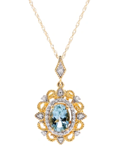 Macy's Aquamarine (3/4 Ct. T.w.) & Diamond (1/10 Ct. T.w.) Oval 18" Pendant Necklace In 14k Gold-plated Ste