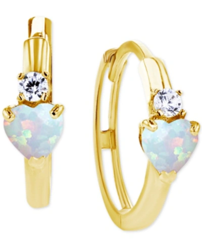 Macy's Lab-grown Opal (1/5 Ct. T.w.) & Lab-grown White Sapphire (1/10 Ct. T.w.) Heart Small Hoop Earrings, In Yellow Gold
