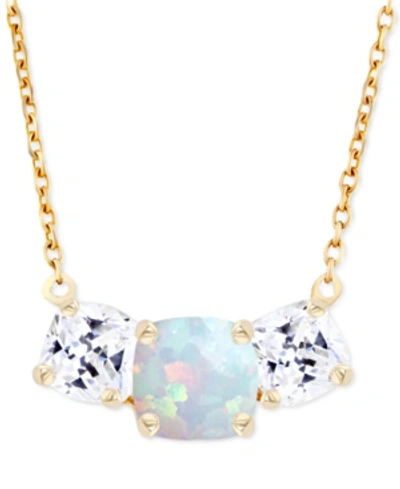 Macy's Lab-grown Opal (1/4 Ct. T.w.) & Lab-grown White Sapphire (1 Ct. T.w.) Triple Stone 18" Pendant Neckl In Yellow Gold