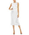 Mac Duggal Striped Floral Embellished Sleeveless Midi Dress In White