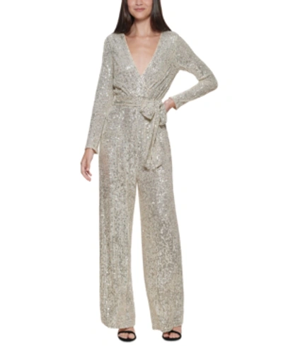 Eliza J Petite Sequinned Surplice Jumpsuit In Silver