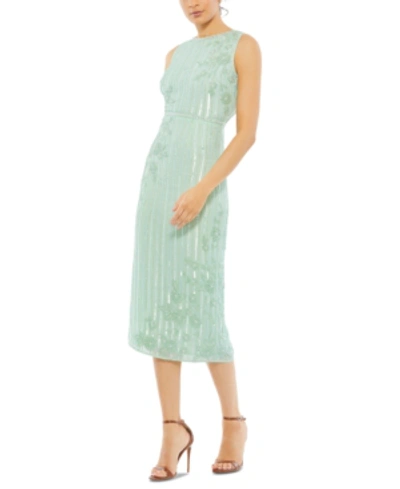 Mac Duggal Striped Floral Embellished Sleeveless Midi Dress In Seafoam