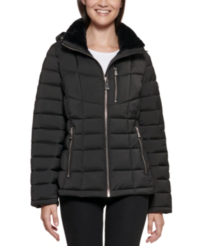 Calvin Klein Women's Plus Size Faux-fur-trim Hooded Puffer Coat, Created For Macy's In Black