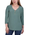 NY COLLECTION WOMEN'S 3/4 SLEEVE CREPE KNIT V NECK WITH ZIPPER TOP