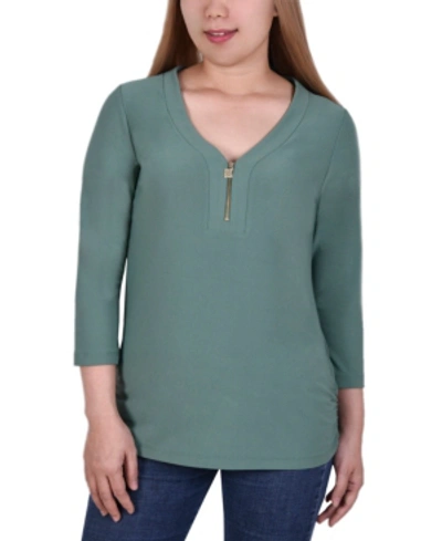 Ny Collection Women's 3/4 Sleeve Crepe Knit V Neck With Zipper Top In Frosty Spruce