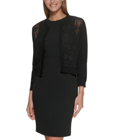 Dkny Three-quarter-sleeve Lace Front Cardigan In Black