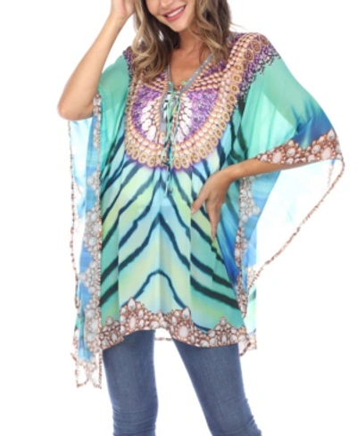 White Mark Plus Size Short Caftan With Tie-up Neckline In Green