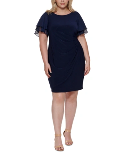 Jessica Howard Plus Size Flutter-sleeve Side-ruched Dress In Navy