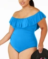La Blanca Island Goddess Off-the-shoulder Ruffled Tummy-control One-piece Swimsuit Women's Swimsuit In China Blue