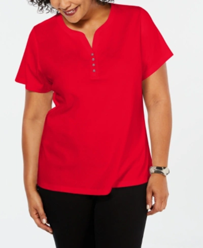 Karen Scott Plus Size Cotton Henley Top, Created For Macy's In New Red Amore