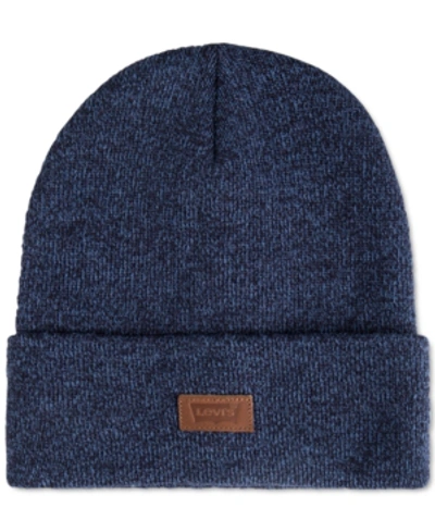 Levi's All Season Comfy Leather Logo Patch Hero Beanie In Marl Blue