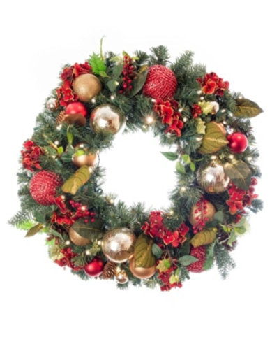 Village Lighting 30" Lighted Christmas Wreath, Scarlet Hydrangea In Multi