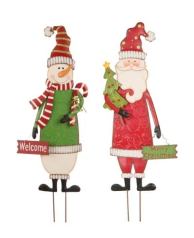 Glitzhome Snowman Santa Yard Stake Or Standing Decor Or Wall Decor, Three Function Set Of 2 In Multi