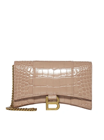 Balenciaga Hourglass Croc-embossed Leather Wallet-on-chain In Beige
