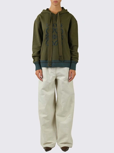 Loewe Logo Cotton Fleece Hoodie In Olive Green