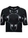 PINKO BLACK MOHAIR BLEND T-SHIRT WITH ALLOVER LOGO PRINT