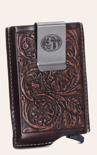 3d Men's Brown Tooled Leather With Aluminum Alloy Body And Money Clip Card Holder