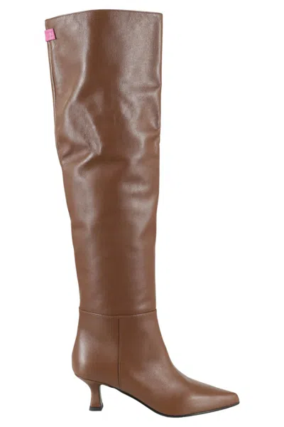 3juin Knee-length Brown Leather Boots With Pointed Toe In Coffee