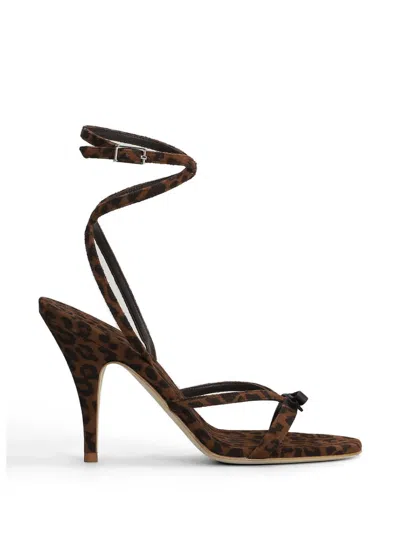 3juin Leopard-print Bow-detail Suede Heeled Sandals In Brown