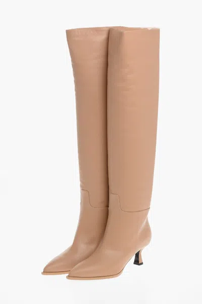 3juin Over-the-knee Leather Boots With Point Toe 6cm In Beige