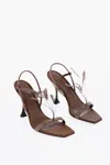 3juin Satin Gemma Sandals With Rhinestone Embellishment And Feathe In Brown