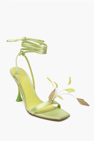 3juin Satin Kimi Sandals With Decorative Feathers 10cm In Green