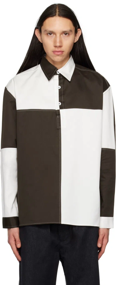 3man Colour-blocked Cotton Shirt In Brown/white